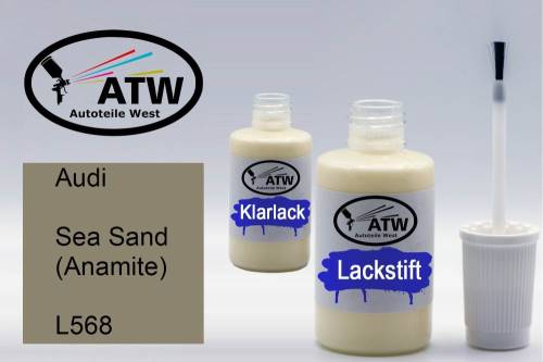 Audi, Sea Sand (Anamite), L568: 20ml Lackstift + 20ml Klarlack - Set, von ATW Autoteile West.